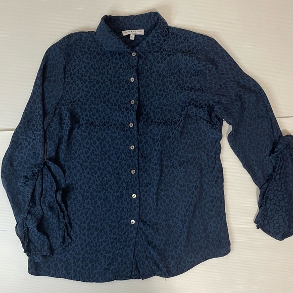 Current Air Blue Animal Print Blouse Ruffle Asymmetric Sleeve Size Small - Picture 1 of 7